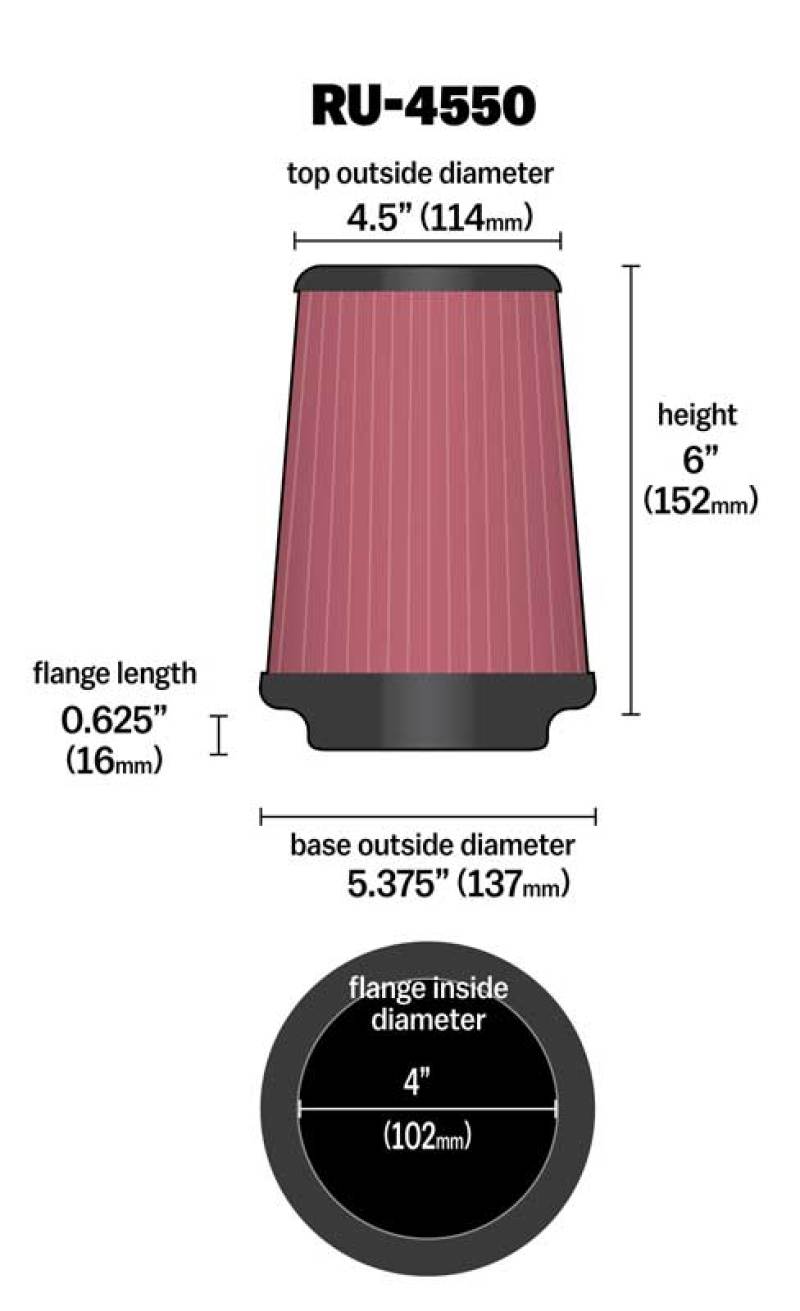 K&N Universal Air Filter 4in Flange / 5-3/8in Base / 4-1/2in Top / 6in Height K&N Engineering Air Filters - Universal Fit  AXOPROS