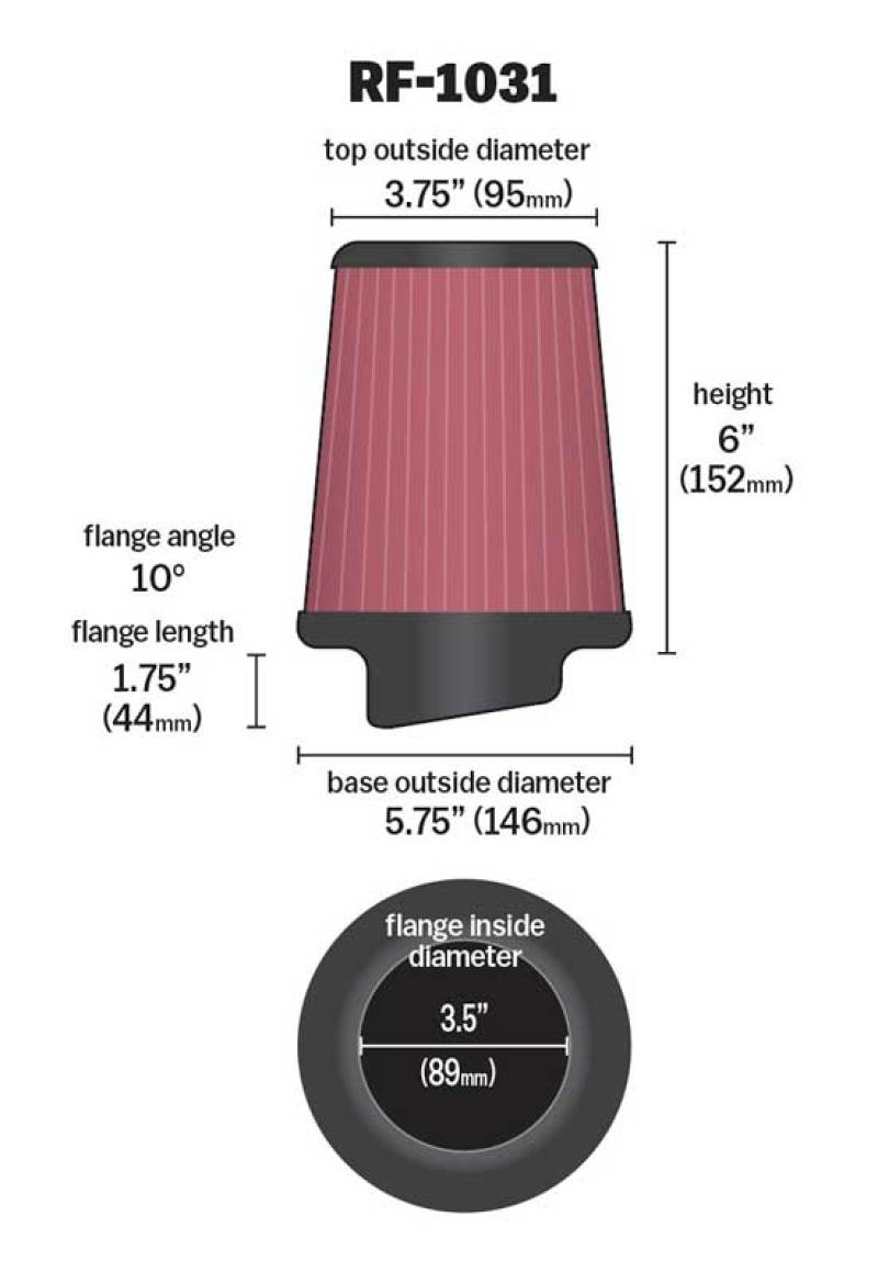 K&N Round Tapered Universal Air Filter 3.5in Flange ID / 5.75in Base OD / 3.75in Top OD / 6in H K&N Engineering Air Filters - Universal Fit  AXOPROS