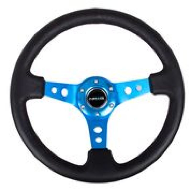 NRG Reinforced Steering Wheel (350mm / 3in. Deep) Blk Leather w/Blue Circle Cutout Spokes NRG Steering Wheels  AXOPROS