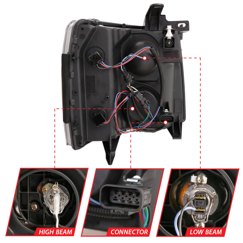 ANZO 07-13 Chevrolet Silverado 1500 Plank Style Projector Headlights Black w/ Amber ANZO Headlights  AXOPROS