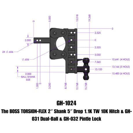 Gen-Y The Boss Torsion-Flex 2in Shank 5in Drop 10K Hitch w/GH-031 Dual-Ball/GH-032 Pintle Lock GEN-Y Hitch Hitch Receivers  AXOPROS