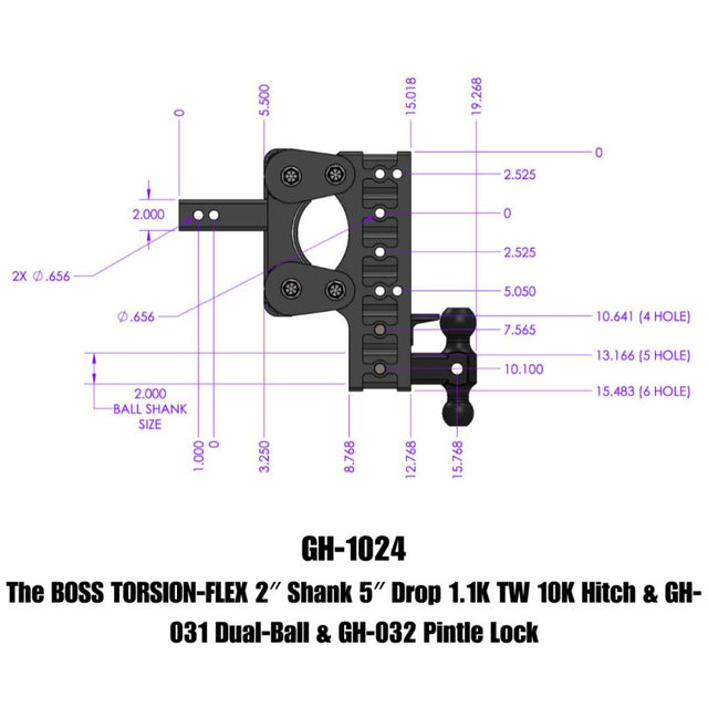 Gen-Y The Boss Torsion-Flex 2in Shank 5in Drop 10K Hitch w/GH-031 Dual-Ball/GH-032 Pintle Lock GEN-Y Hitch Hitch Receivers  AXOPROS