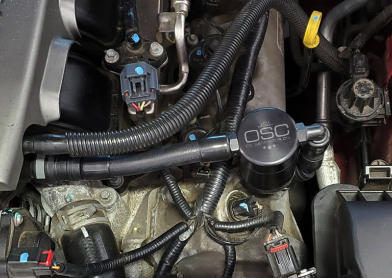 J&L 05-10 Ford Mustang GT Driver Side Oil Separator 3.0 V2 - Black Anodized J&L Oil Separators  AXOPROS