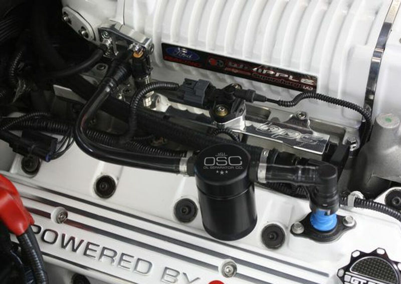 J&L 07-14 Ford Mustang GT500 Passenger Side Oil Separator 3.0 - Black Anodized J&L Oil Separators  AXOPROS