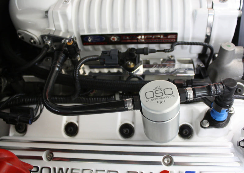 J&L 07-14 Ford Mustang GT500 Passenger Side Oil Separator 3.0 - Clear Anodized J&L Oil Separators  AXOPROS