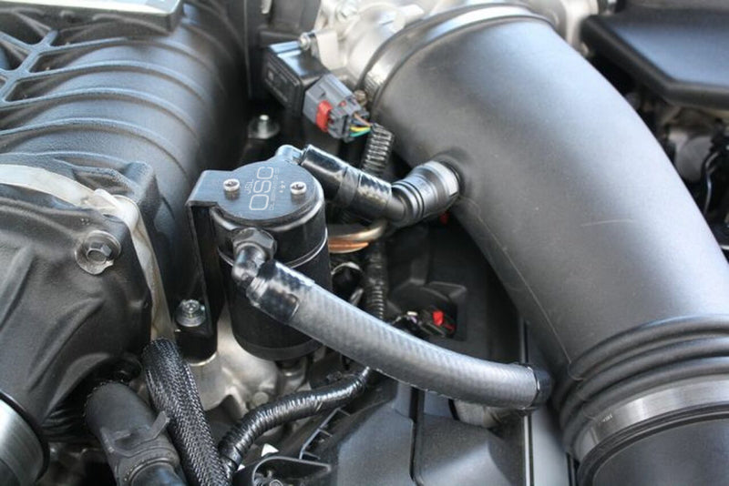 J&L 11-17 Ford Mustang GT (w/Roush/VMP Supercharger) Driver Side Oil Separator 3.0 - Black Anodized J&L Oil Separators  AXOPROS