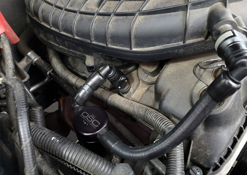 J&L 11-17 Ford Mustang V6 Passenger Side Oil Separator 3.0 V2 - Black Anodized J&L Oil Separators  AXOPROS