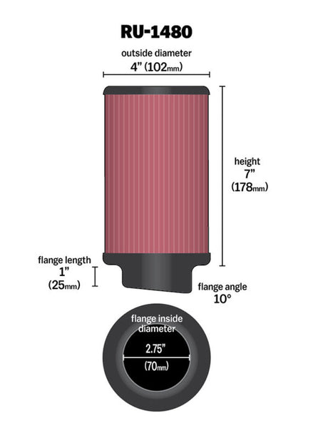 K&N Filter Universal Rubber Filter 10 Degree Flange Angle 4in OD x 2.75in Flange ID x 7in H K&N Engineering Air Filters - Universal Fit  AXOPROS