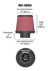 K&N Filter Universal Rubber Filter 2 1/2 inch Flange 6 inch Base 5 inch Top 5 1/2 inch Height K&N Engineering Air Filters - Universal Fit  AXOPROS