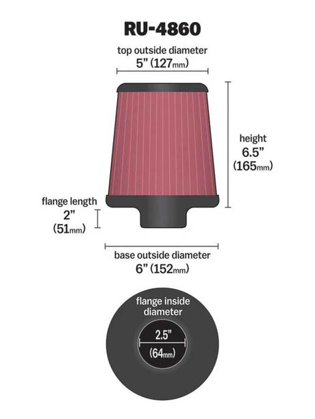 K&N Filter Universal Rubber Filter 2 1/2 inch Flange 6 inch Base 5 inch Top 6 1/2 inch Height K&N Engineering Air Filters - Universal Fit  AXOPROS