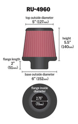 K&N Filter Universal Rubber Filter 2 3/4 inch Flange 6 inch Base 5 inch Top 5 1/2 inch Height K&N Engineering Air Filters - Universal Fit  AXOPROS