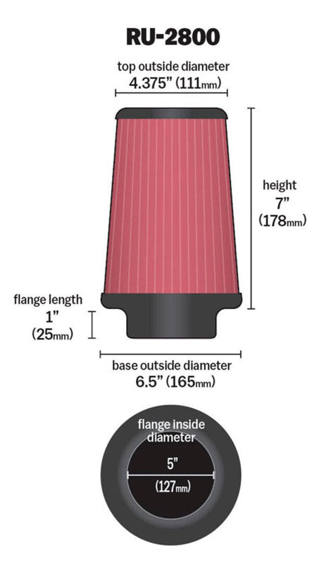 K&N Filter Universal Rubber Filter 5 inch Flange 6 1/2 inch Base 4 3/8 inch Top 7 inch Height K&N Engineering Air Filters - Universal Fit  AXOPROS