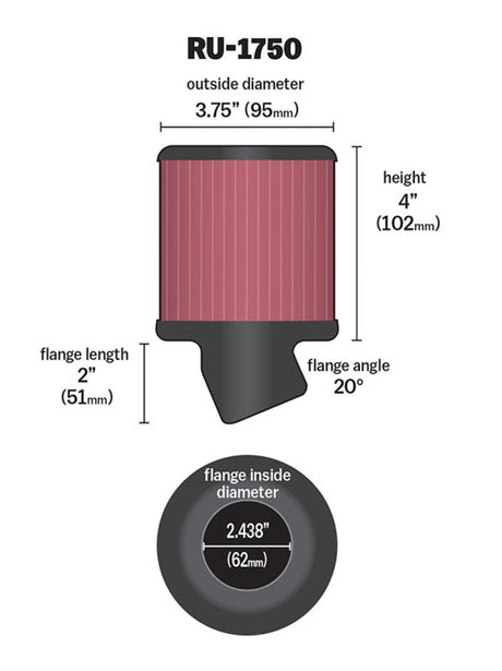 K&N Filter Universal Rubber Round Straight Filter 20 Deg Angled 2-7/16in Flange 3-3/4in OD 4in H K&N Engineering Air Filters - Universal Fit  AXOPROS