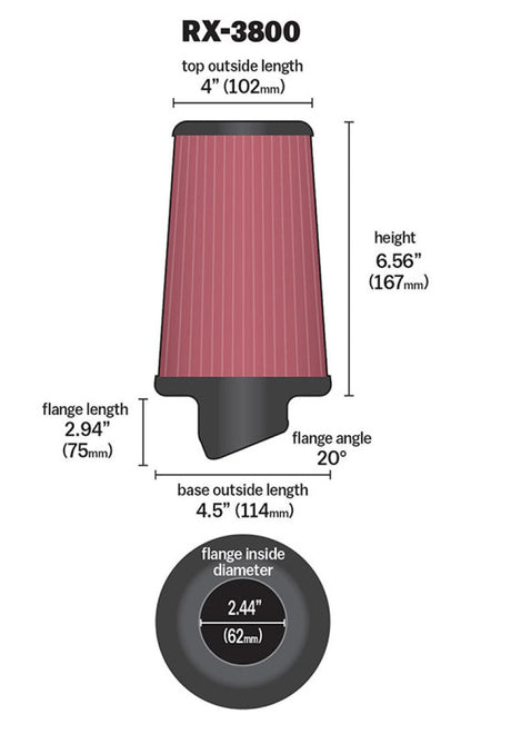 K&N Filter Universal X Stream Clamp-On 2.438in Flange ID x 4.5in Base OD x 4in Top OD x 6.563in H K&N Engineering Air Filters - Universal Fit  AXOPROS