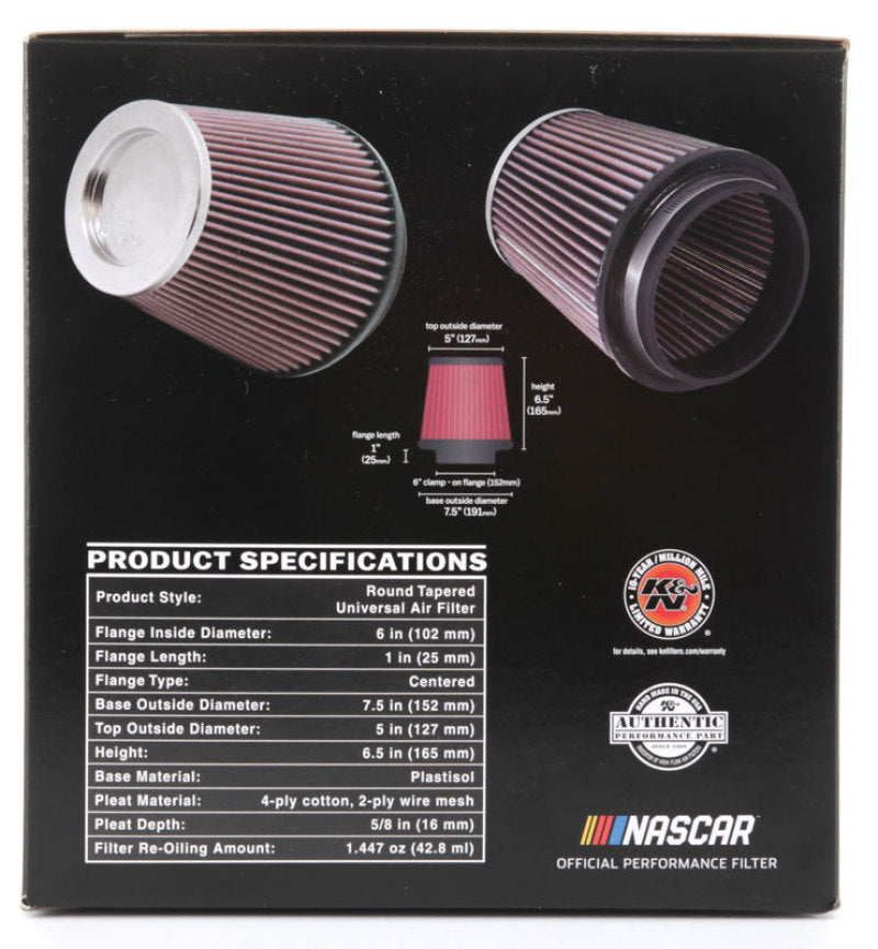 K&N Round Tapered Universal Air Filter 6in Flange ID x 7.5in Base OD x 5in Top OD x 6.5in Height K&N Engineering Air Filters - Universal Fit  AXOPROS