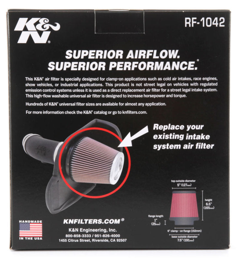 K&N Round Tapered Universal Air Filter 6in Flange ID x 7.5in Base OD x 5in Top OD x 6.5in Height K&N Engineering Air Filters - Universal Fit  AXOPROS