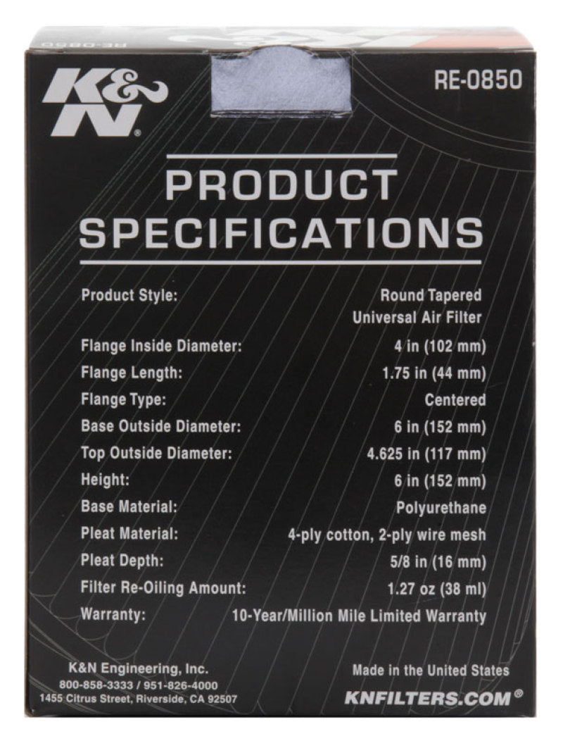 K&N Universal Air Filter (4in. Flange / 6in. Base OD / 4-5/8in. Top OD / 6in. Height) K&N Engineering Air Filters - Universal Fit  AXOPROS