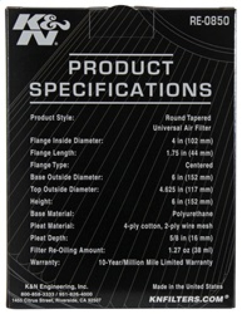 K&N Universal Air Filter (4in. Flange / 6in. Base OD / 4-5/8in. Top OD / 6in. Height) K&N Engineering Air Filters - Universal Fit  AXOPROS