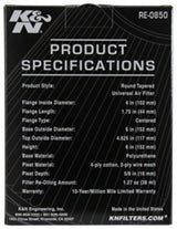 K&N Universal Air Filter (4in. Flange / 6in. Base OD / 4-5/8in. Top OD / 6in. Height) K&N Engineering Air Filters - Universal Fit  AXOPROS