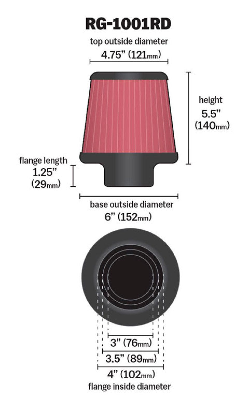 K&N Universal Air Filter Chrome Round Tapered Red - 4in Flange ID x 1.125in Flange Length x 5.5in H K&N Engineering Air Filters - Universal Fit  AXOPROS