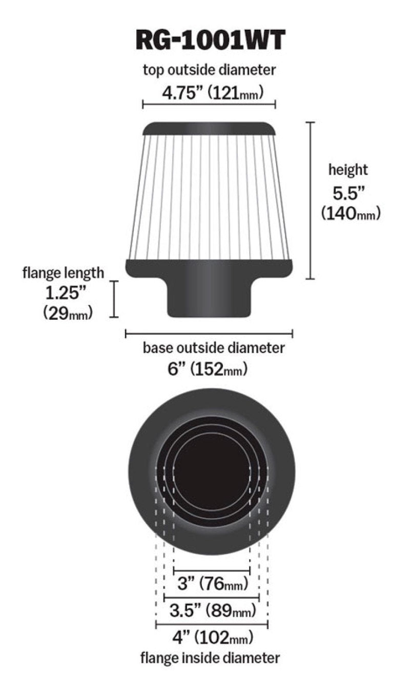 K&N Universal Filter Chrome Round Tapered White - 4in Flange ID x 1.125in Flange Length x 5.5in H K&N Engineering Air Filters - Universal Fit  AXOPROS