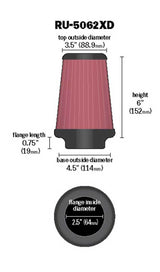 K&N Universal Rubber Filter 2-1/2in Flg / 4-1/2in OD B / 3-1/2in OD T / 6in H - Black Top K&N Engineering Air Filters - Universal Fit  AXOPROS