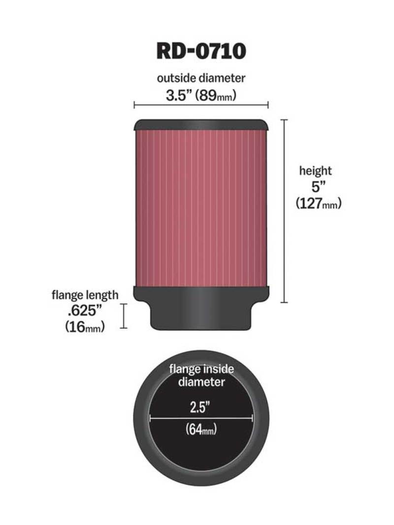 K&N Universal Rubber Filter 2.5in Flange ID x 3.5in OD x 5in Height K&N Engineering Air Filters - Universal Fit  AXOPROS