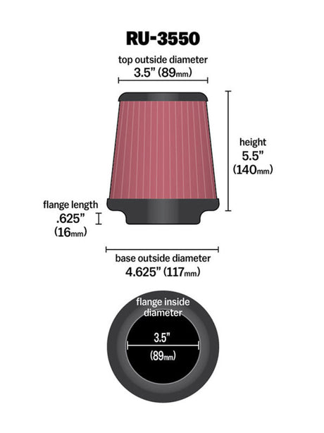 K&N Universal Rubber Filter 3 1/2 inch FLG / 4 5/8 inch Base / 3-1/2 inch Top / 5 1/2 inch Height K&N Engineering Air Filters - Universal Fit  AXOPROS