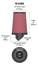 K&N Universal Rubber Filter Round Tapered 3in Base OD x 2in Top OD x 4in H - 73-78 Honda ATC90 K&N Engineering Air Filters - Universal Fit  AXOPROS