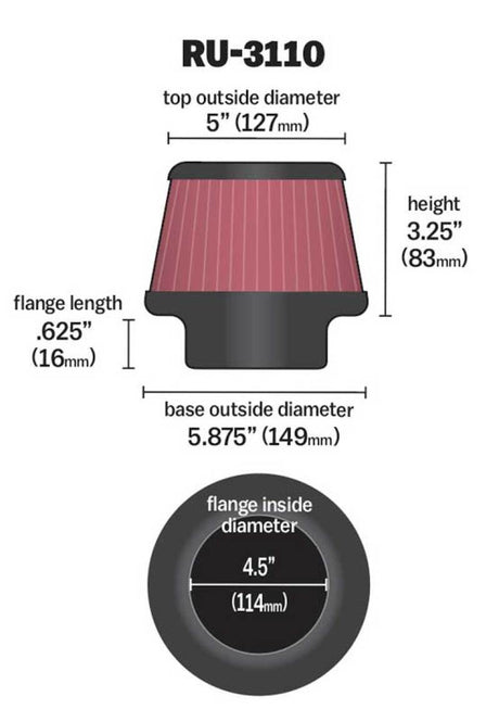 K&N Universal Rubber Filter Round Tapered 4.5in Flange ID x 5.875 Base OD x 5in Top OD x 3.25in H K&N Engineering Air Filters - Universal Fit  AXOPROS