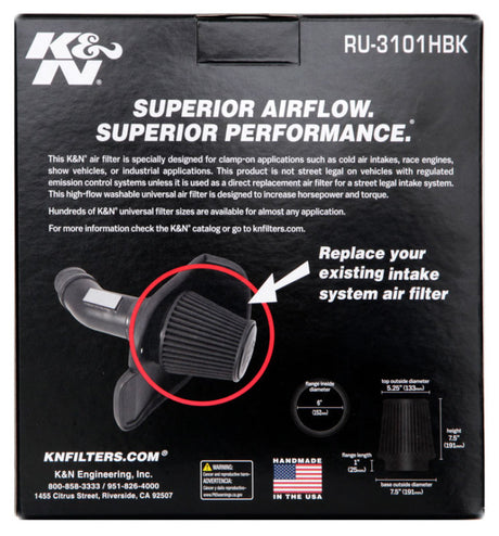 K&N Universal Rubber Filter Round Tapered 6in Flange ID x 7.5in Base OD x 5.25in Top OD x 8in Height K&N Engineering Air Filters - Universal Fit  AXOPROS