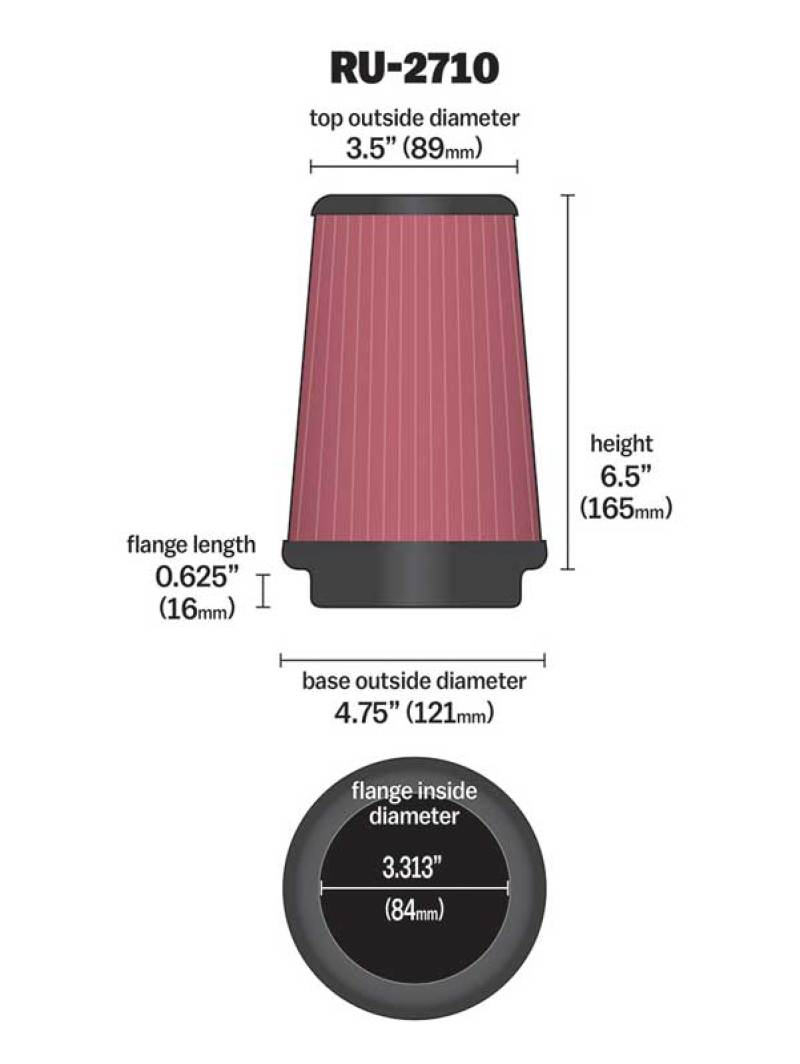 K&N Universal Rubber Filter Round Tprd 3.313in Flange ID x 4.75in Base OD x 3.5in Top OD x 6.5in H K&N Engineering Air Filters - Universal Fit  AXOPROS