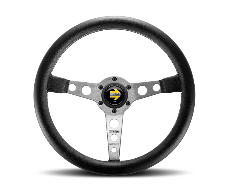 Momo Prototipo Steering Wheel 350 mm - Black Leather/Wht Stitch/Brshd Spokes MOMO Steering Wheels  AXOPROS