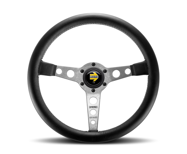 Momo Prototipo Steering Wheel 350 mm - Black Leather/Wht Stitch/Brshd Spokes MOMO Steering Wheels  AXOPROS