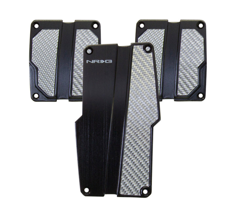 NRG Brushed Aluminum Sport Pedal M/T - Black w/Silver Carbon NRG Pedal Covers  AXOPROS