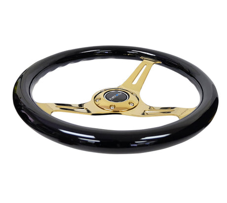 NRG Classic Wood Grain Steering Wheel (350mm) Black Grip w/Chrome Gold 3-Spoke Center NRG Steering Wheels  AXOPROS