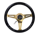 NRG Classic Wood Grain Steering Wheel (350mm) Black Grip w/Chrome Gold 3-Spoke Center NRG Steering Wheels  AXOPROS