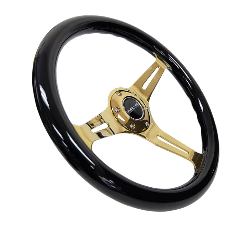 NRG Classic Wood Grain Steering Wheel (350mm) Black Grip w/Chrome Gold 3-Spoke Center NRG Steering Wheels  AXOPROS