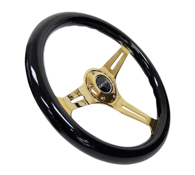 NRG Classic Wood Grain Steering Wheel (350mm) Black Grip w/Chrome Gold 3-Spoke Center NRG Steering Wheels  AXOPROS