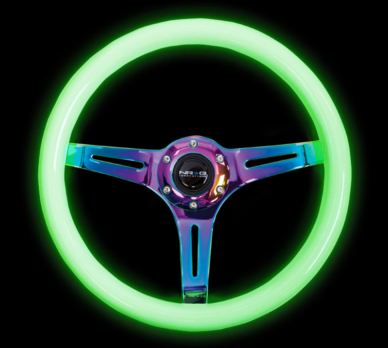NRG Classic Wood Grain Steering Wheel (350mm) Glow-N-The-Dark Green Grip w/Neochrome 3-Spoke Center NRG Steering Wheels  AXOPROS