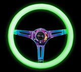 NRG Classic Wood Grain Steering Wheel (350mm) Glow-N-The-Dark Green Grip w/Neochrome 3-Spoke Center NRG Steering Wheels  AXOPROS