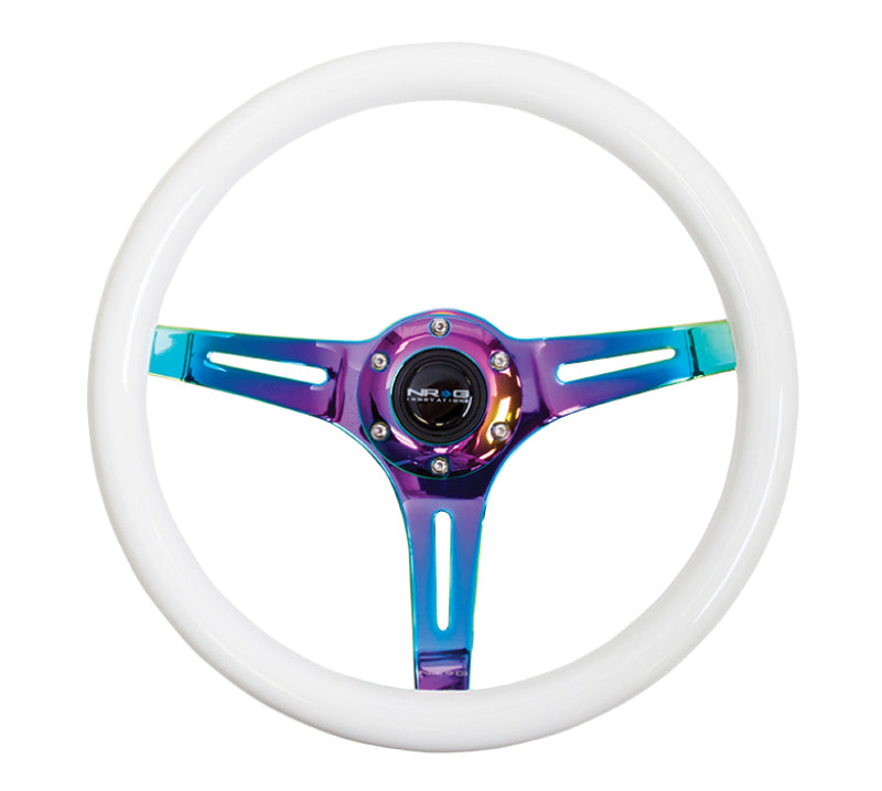 NRG Classic Wood Grain Steering Wheel (350mm) Glow-N-The-Dark Green Grip w/Neochrome 3-Spoke Center NRG Steering Wheels  AXOPROS