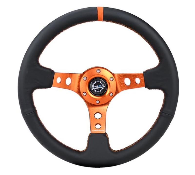 NRG Reinforce Steering Wheel (350mm / 3in. Deep) Blk Leather, Orange Center Mark w/ Orange Stitching NRG Steering Wheels  AXOPROS