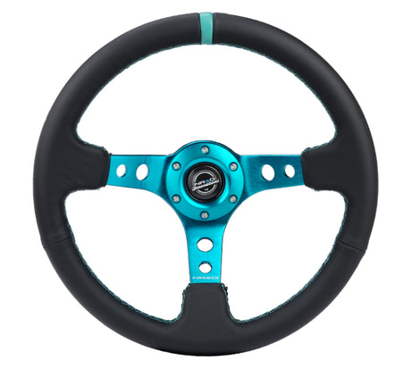 NRG Reinforce Steering Wheel (350mm / 3in. Deep) Blk Leather, Teal Center Mark w/ Teal Stitching NRG Steering Wheels  AXOPROS