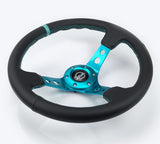 NRG Reinforce Steering Wheel (350mm / 3in. Deep) Blk Leather, Teal Center Mark w/ Teal Stitching NRG Steering Wheels  AXOPROS