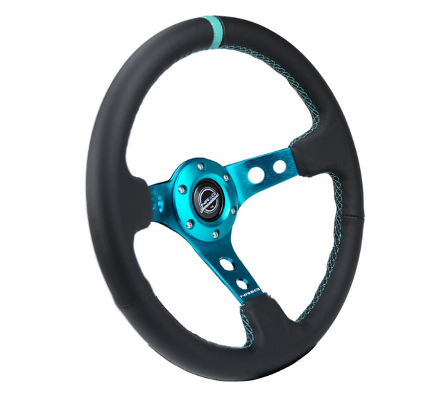 NRG Reinforce Steering Wheel (350mm / 3in. Deep) Blk Leather, Teal Center Mark w/ Teal Stitching NRG Steering Wheels  AXOPROS