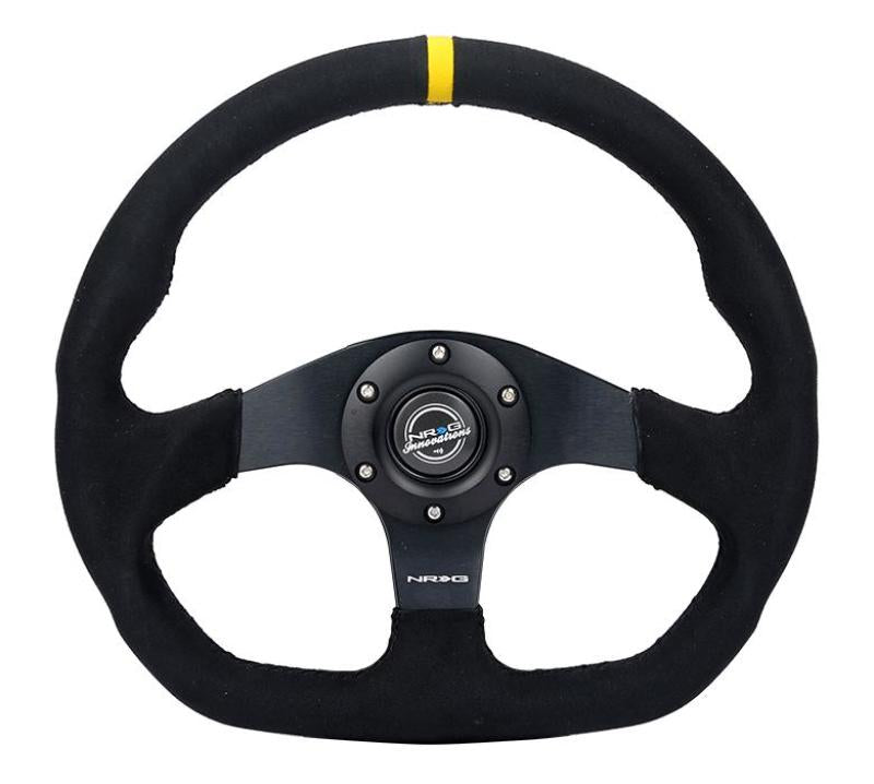 NRG Reinforced Steering Wheel (320mm) Sport Alcantara Dual Push Buttons Flat Bottom w/Yellow Center NRG Steering Wheels  AXOPROS