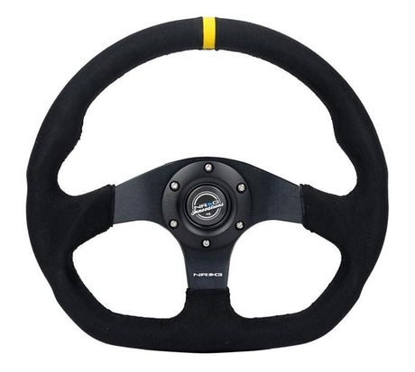 NRG Reinforced Steering Wheel (320mm) Sport Alcantara Dual Push Buttons Flat Bottom w/Yellow Center NRG Steering Wheels  AXOPROS