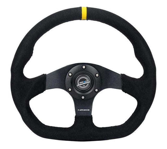 NRG Reinforced Steering Wheel (320mm) Sport Alcantara Dual Push Buttons Flat Bottom w/Yellow Center NRG Steering Wheels  AXOPROS
