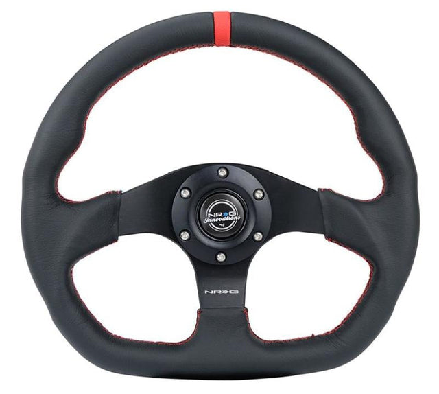 NRG Reinforced Steering Wheel (320mm) Sport Leather Flat Bottom w/ Red Center Mark/ Red Stitching NRG Steering Wheels  AXOPROS